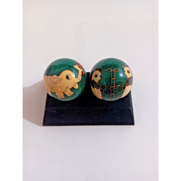 Cloisonne Chime Baoding Balls Elephant & Pandas Set Of 2 - Picture 1 of 3